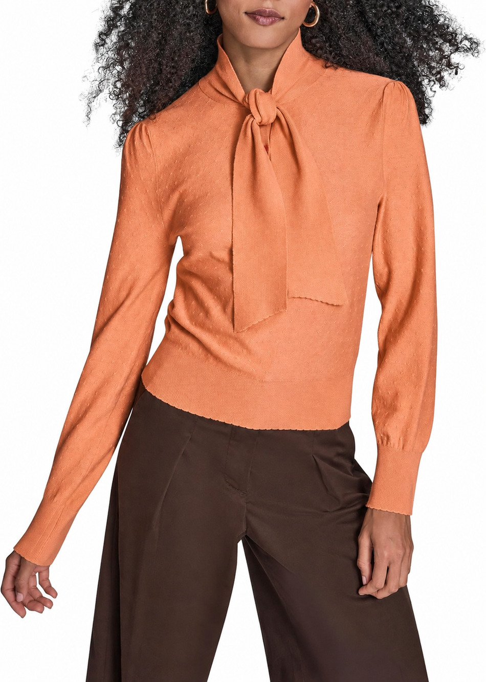 BCBG Women's Tie Neck Sweater Vintage Rose Long Sleeve Scalloped Cuffs Medium